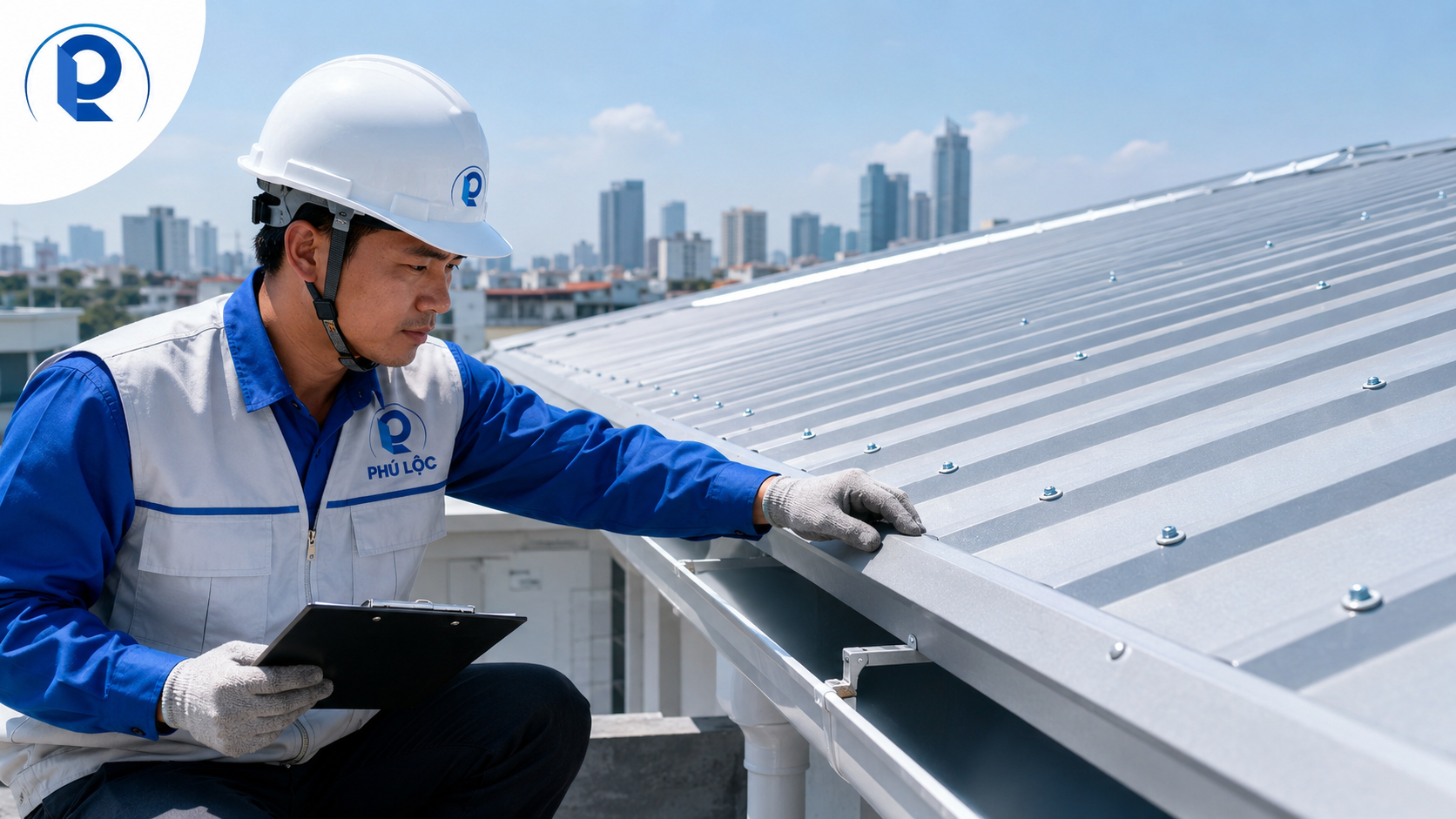 Kỹ thuật viên kiểm tra nghiệm thu mái tôn sau thi công tại TPHCM