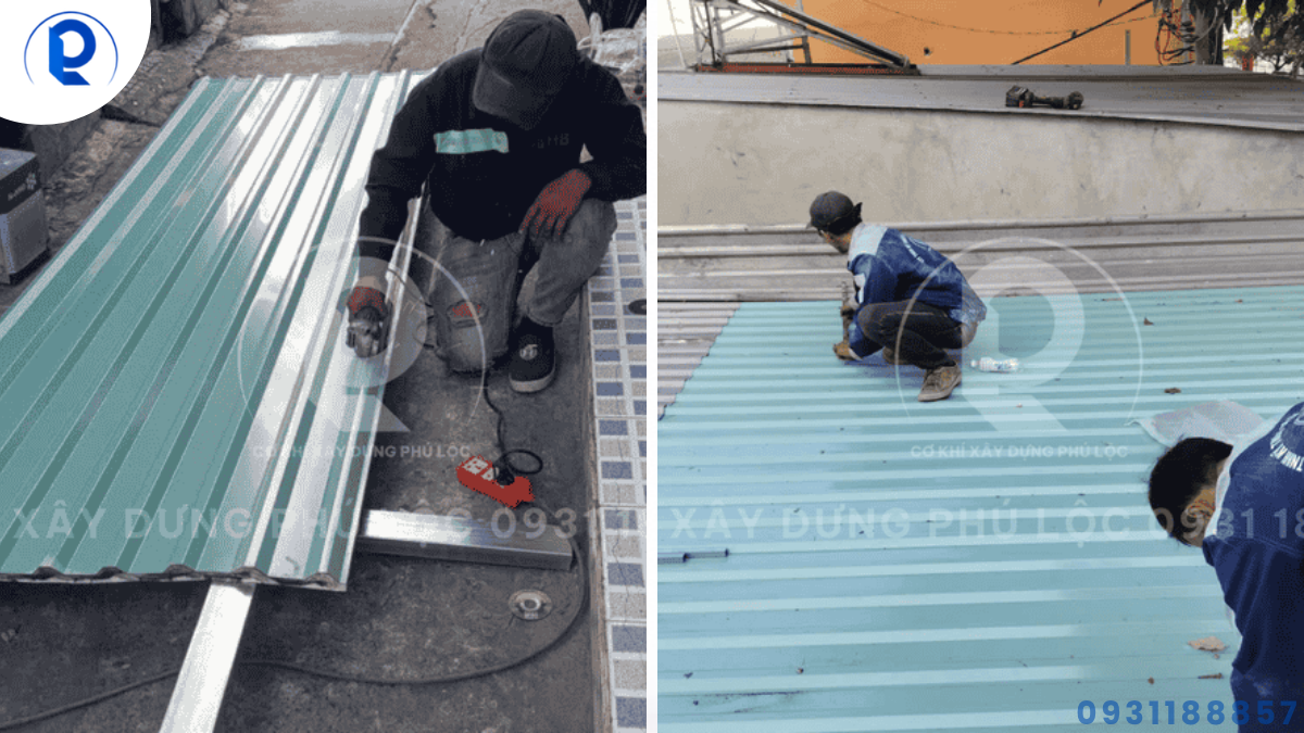Đội thợ thi công tháo mái cũ và lợp mái tôn mới cho công trình tại TPHCM