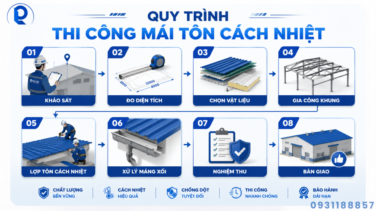Quy trình thi công mái tôn cách nhiệt từ khảo sát đến bàn giao