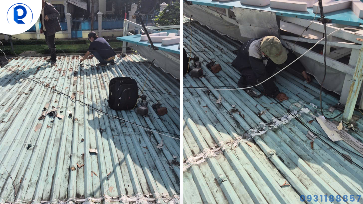 Kỹ thuật viên kiểm tra mái tôn bị dột tại vị trí vít và mối nối