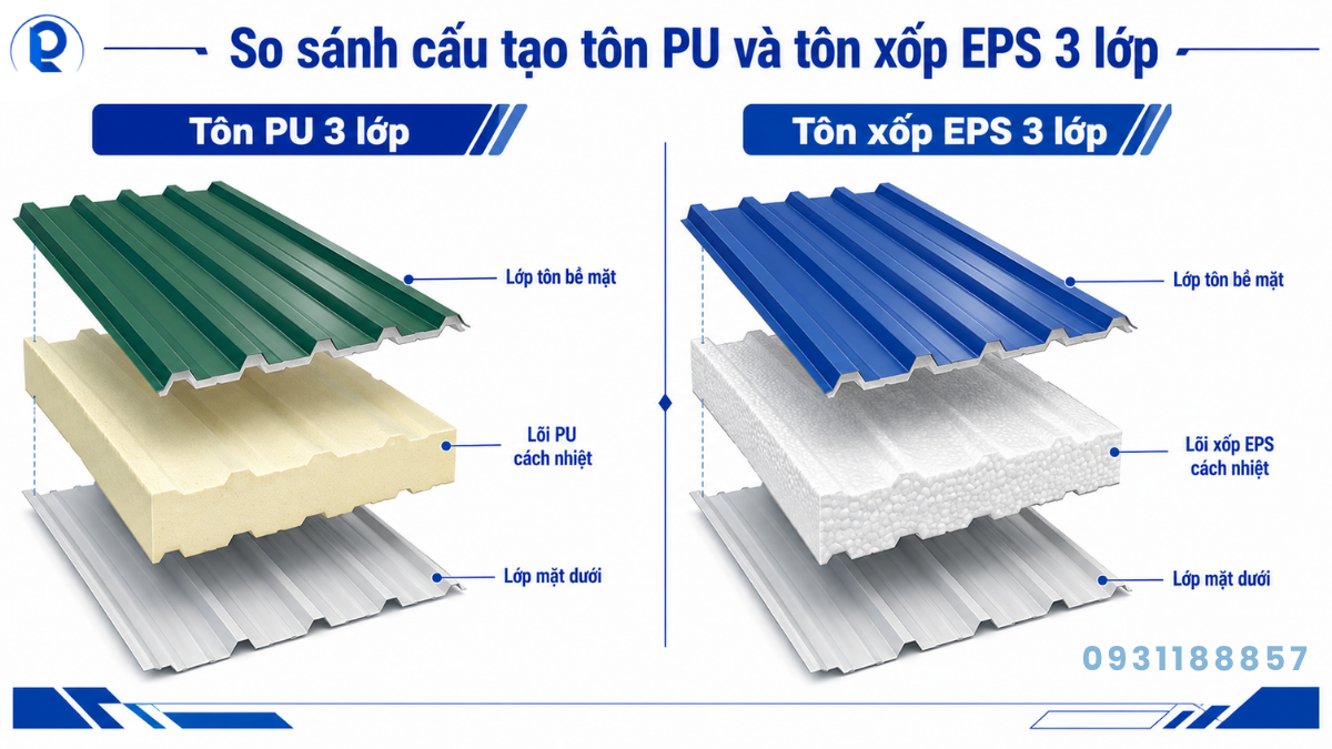 Cấu tạo tôn PU và tôn xốp EPS 3 lớp
