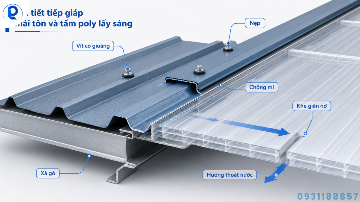 Chi tiết điểm tiếp giáp giữa mái tôn và tấm poly lấy sáng