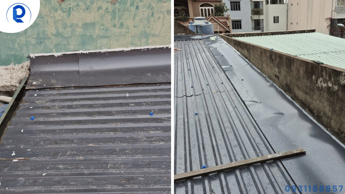 Chi tiết khung thép, máng xối và điểm tiếp giáp mái tôn sân thượng