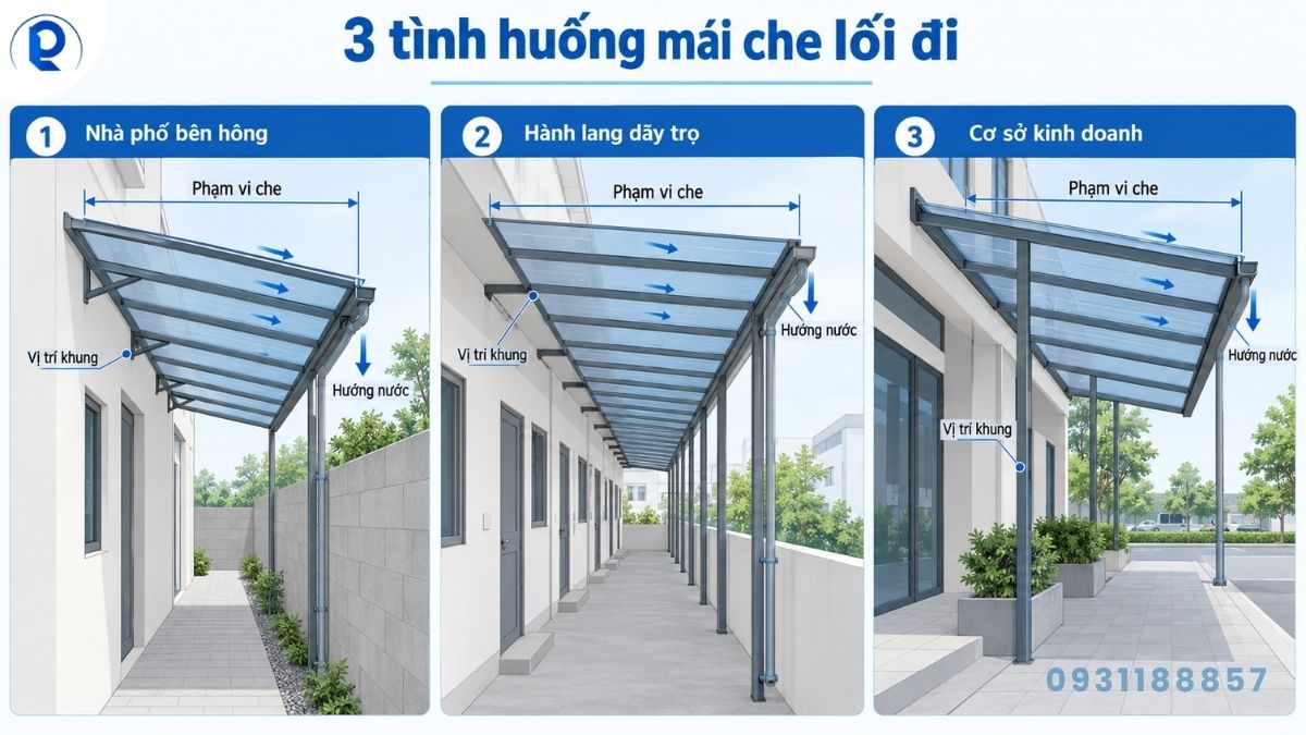 Phương án mái che lối đi bên hông và hành lang