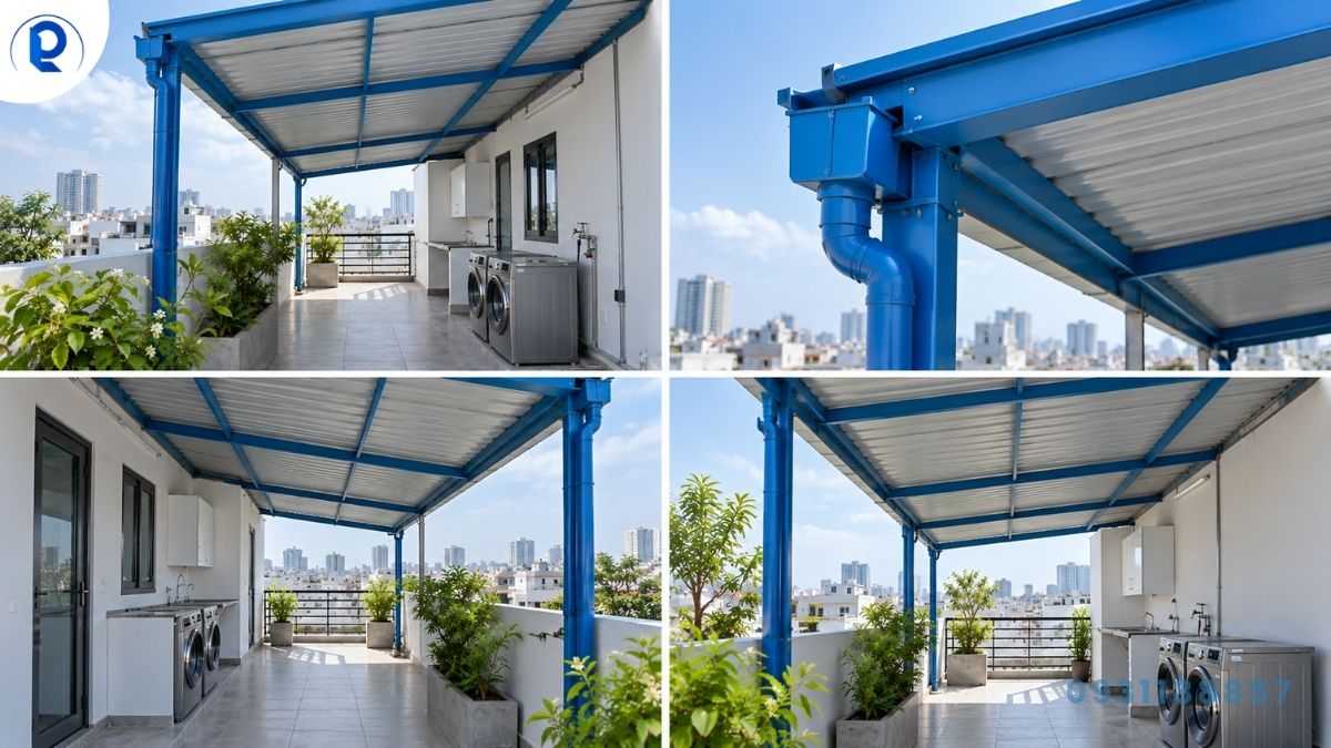 Thi công mái che khu giặt phơi với khung và máng thoát nước